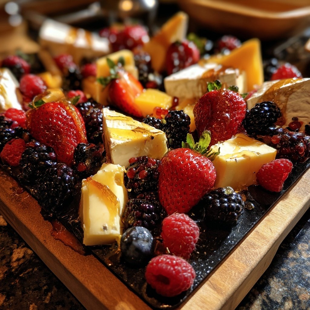 Käseplatte mit Beeren und Honig