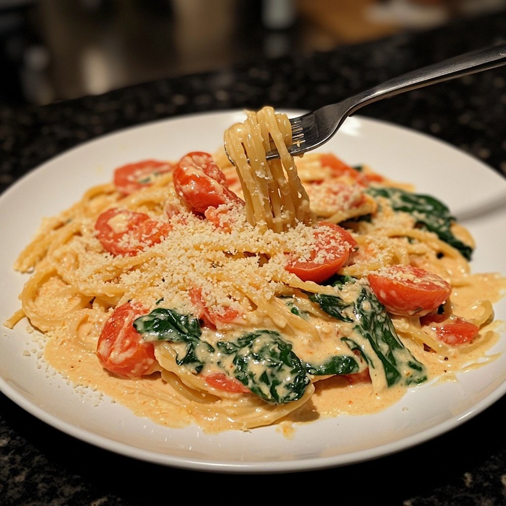 One-Pot Pasta mit Tomaten & Spinat